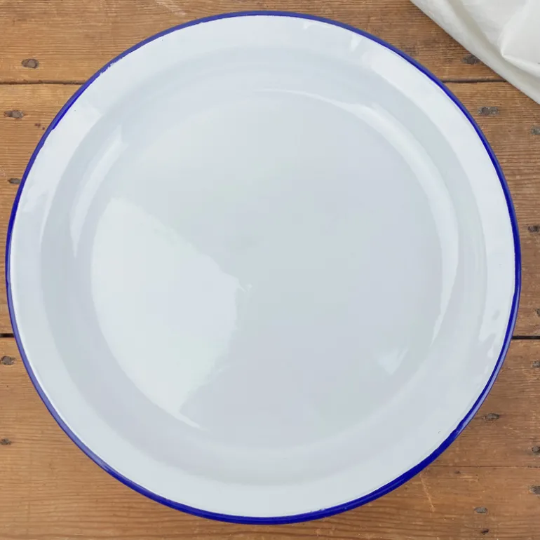 Assiette creuse en email blanc liseré bleu
