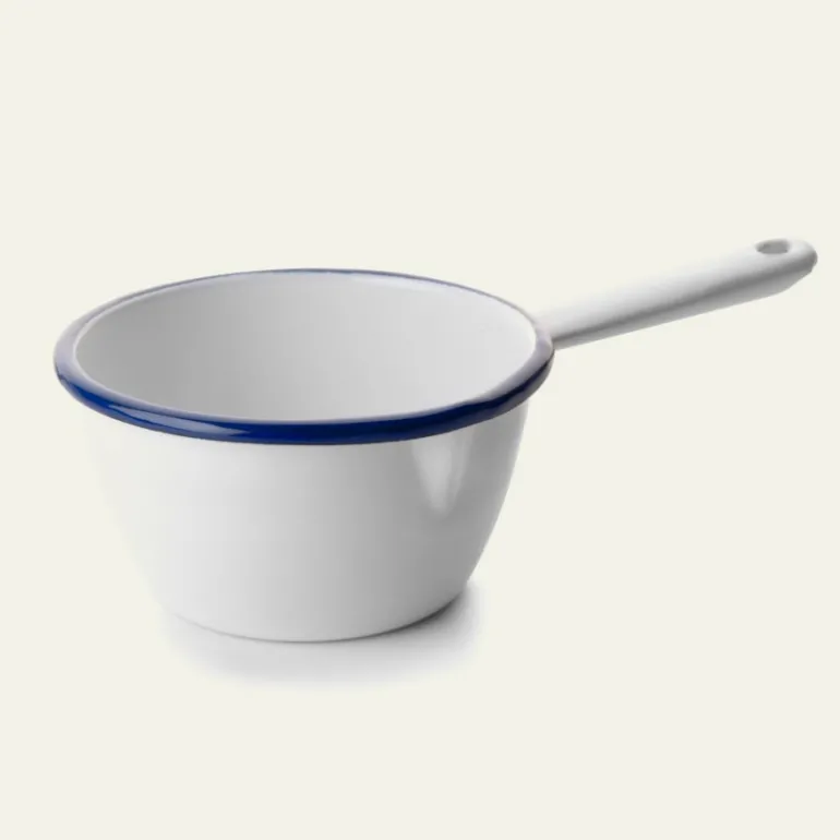 Casserole conique en émail blanc liseré bleu