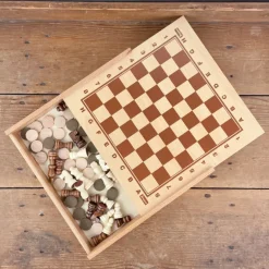 Coffret en bois jeu de dames et échecs