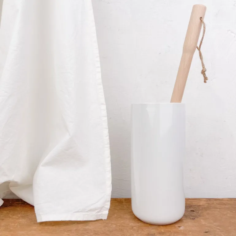 Porte-balayette WC en faïence blanche et sa brosse en bois