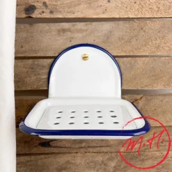 Porte-savon en email blanc avec liseré bleu