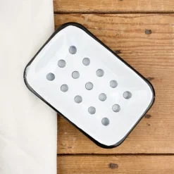 Porte-savon en émail blanc liseré noir