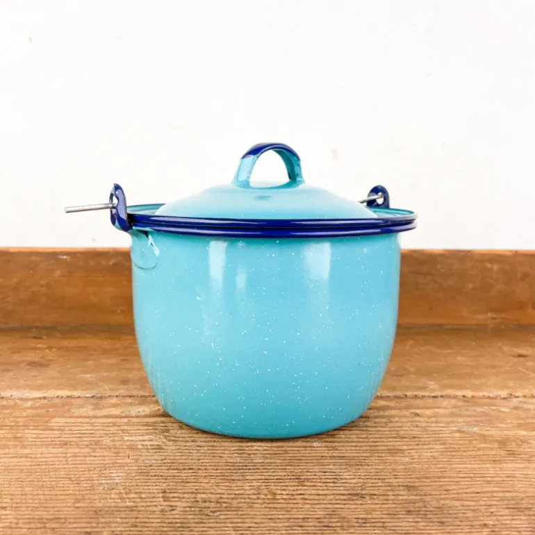 Pot à bouillon à anse en email turquoise
