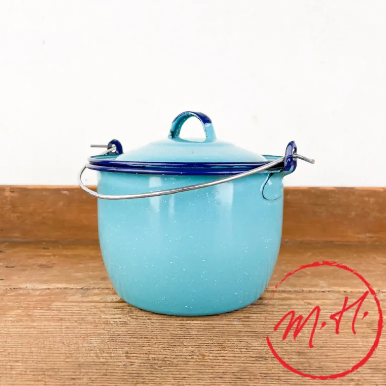 Pot à bouillon à anse en email turquoise