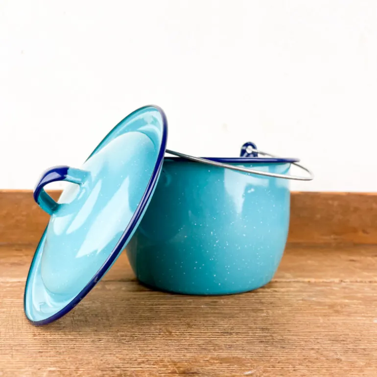 Pot à bouillon à anse en email turquoise