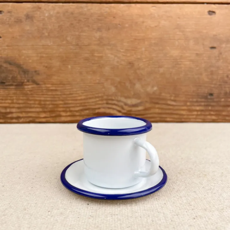 Tasse et sous-tasse café émail blanc liseré bleu